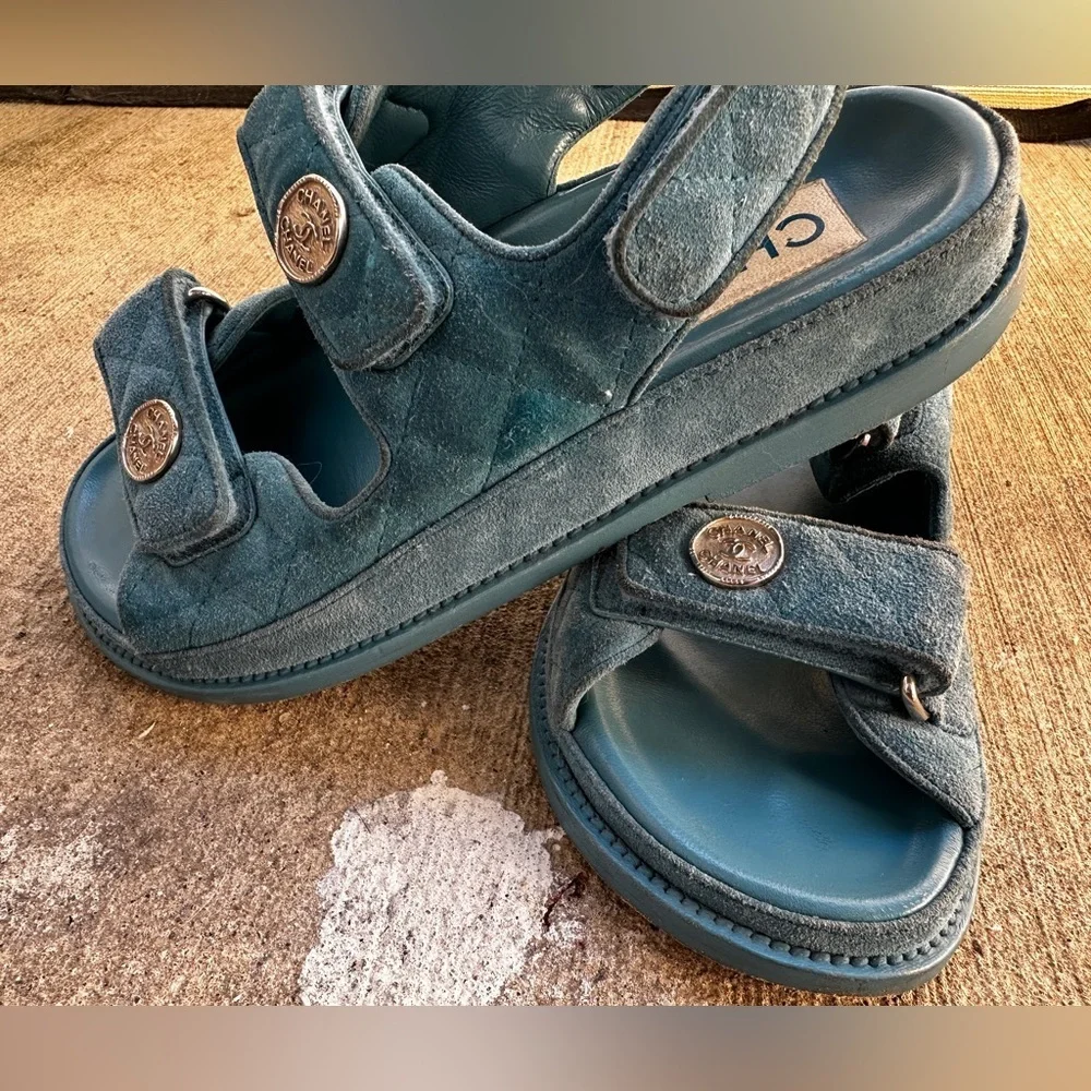 Chanel C2021 Blue Suede Dad Sandals Size 36